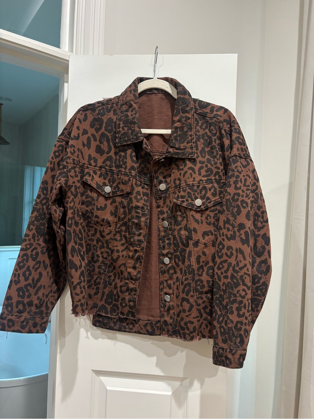 Leopard Print Women's Denim Jacket in Brown